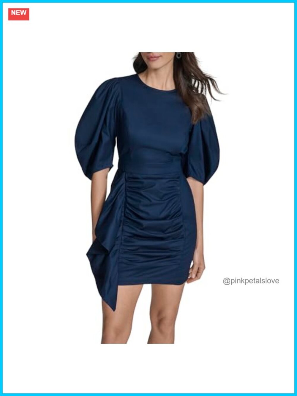 Puff Sleeve Jewel Neck Ruched Sheath Mini Dress 3/4 Sleeve
